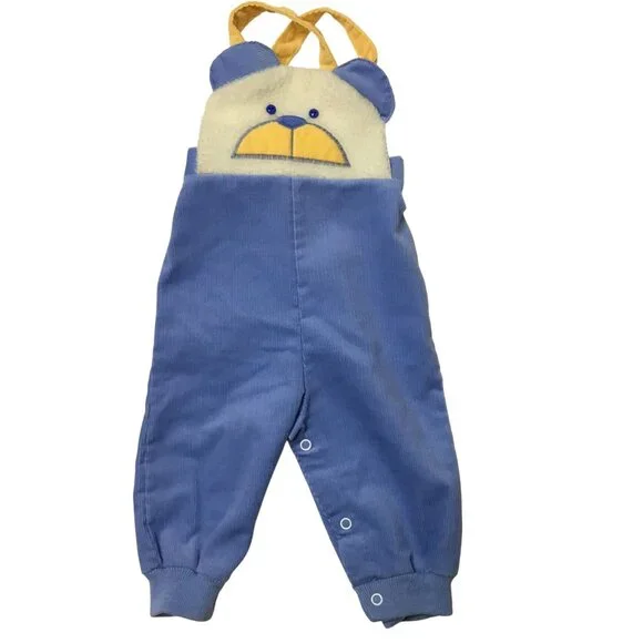 VTG HEALTH-TEX Baby Bib Overalls Bear Face Corduroy Blue Gold Straps 9M USA VBC - Picture 2 of 6